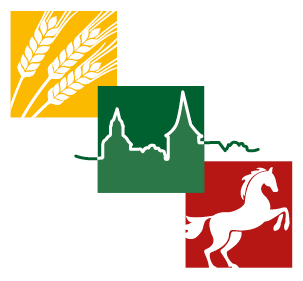 Logo mit Schrift Landvolk Melle - zeigt drei quadratische Flächen: eine in Gelb mit Kornären, eine in Grün mit der Skyline von Melle und eine in Rot mit einem steigenden Pferd